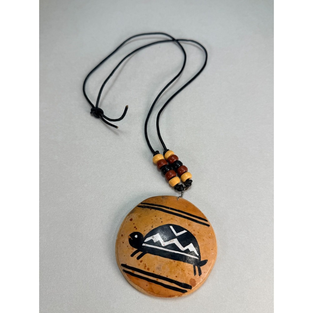 Fred Charley Vintage Artisan Turtle Pendant Hand Painted Tribal Necklace Brown